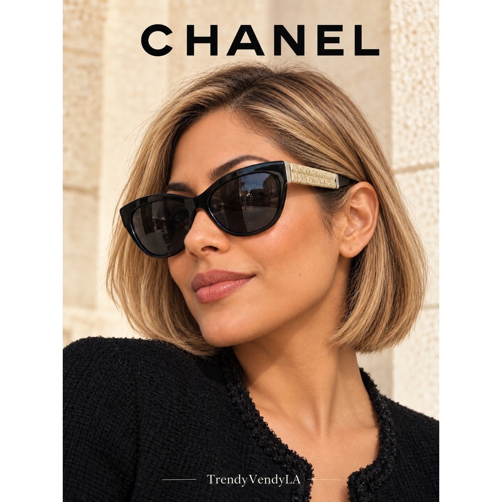 Chanel 5409-A black cat-eye sunglasses with woven raffia temples.